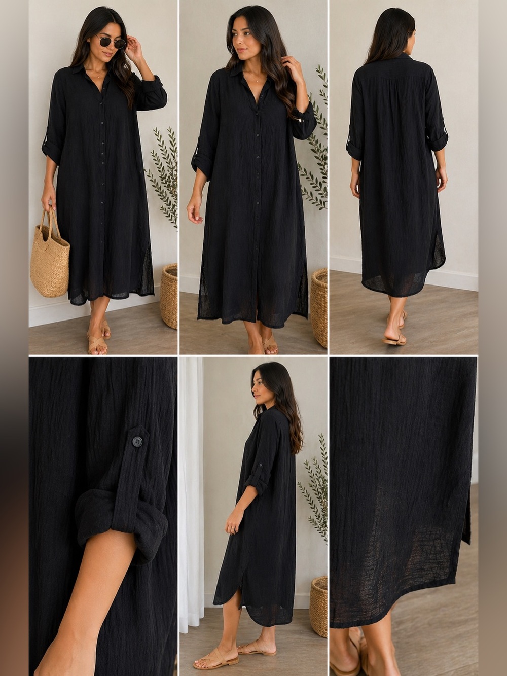 Calvin Klein Black Cotton Textured Shirt Dress / Oversized Button Down Tunic